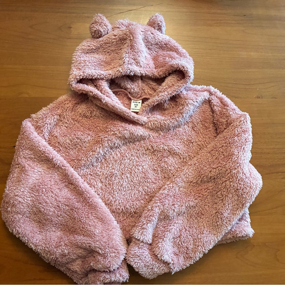 SHEIN Plush Pink Hooded Pullover with Ear Detail